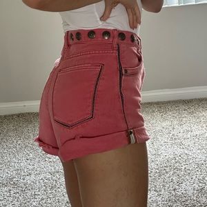One Teaspoon Studded Bandits High Waist Denim Short in Coral Red